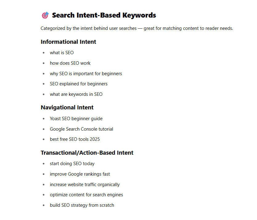 Screen example of finding search intent based keywords on chatgpt