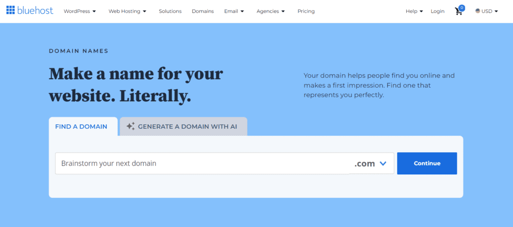 Bluehost domain page