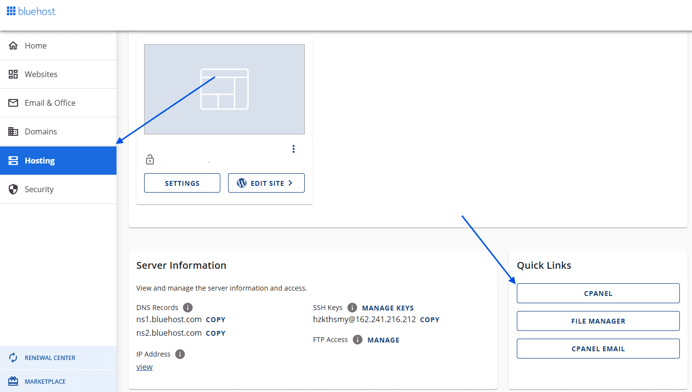 cpanle را در Bluehost باز کنید