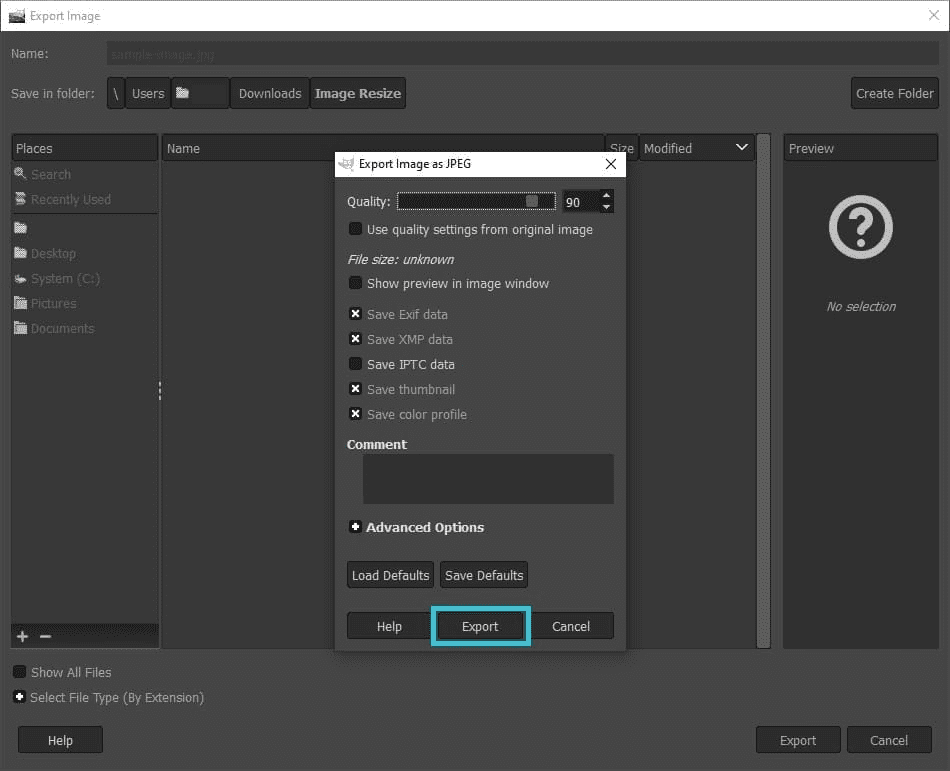 export your JPEG image