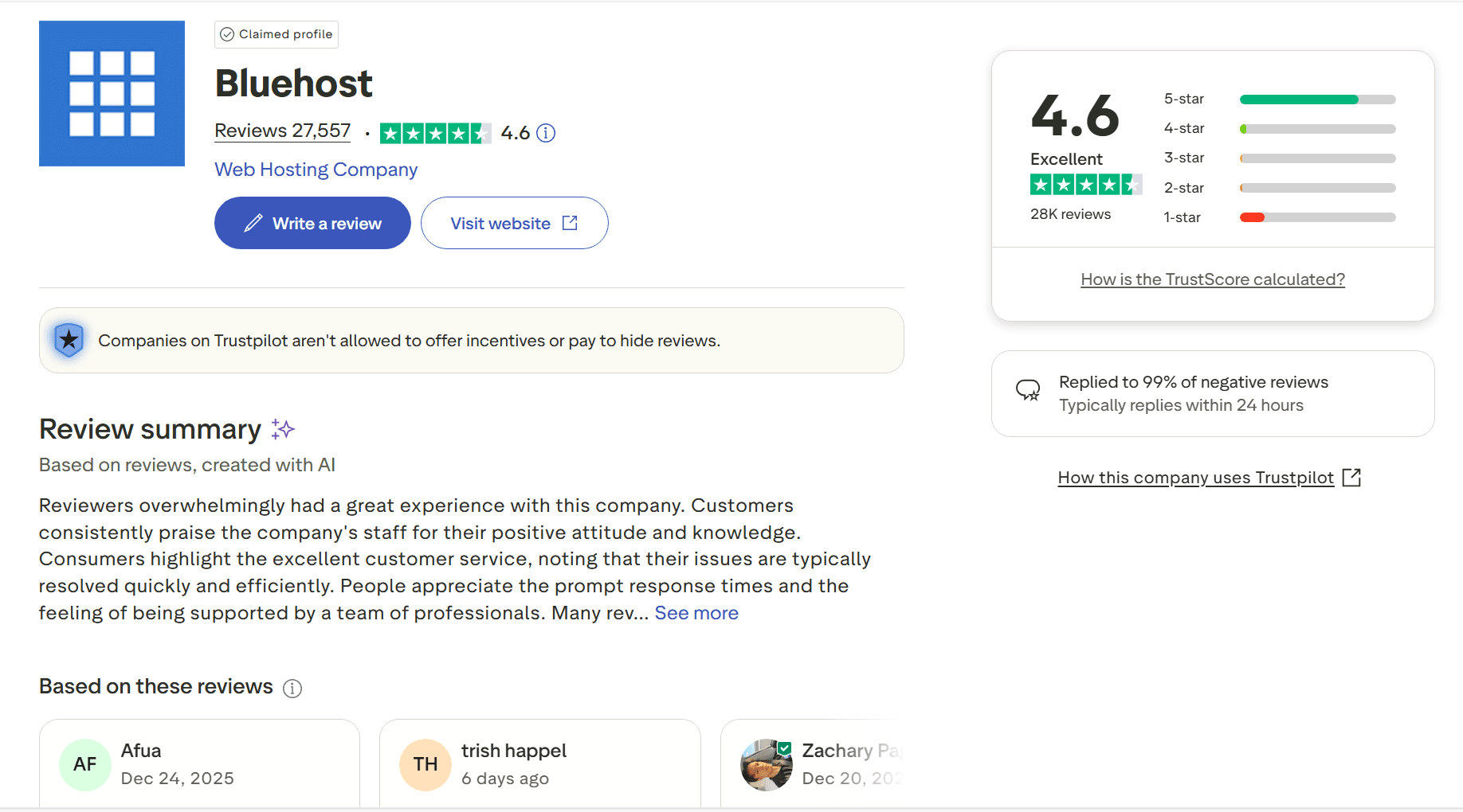 Bluehost Trustpilot reviews
