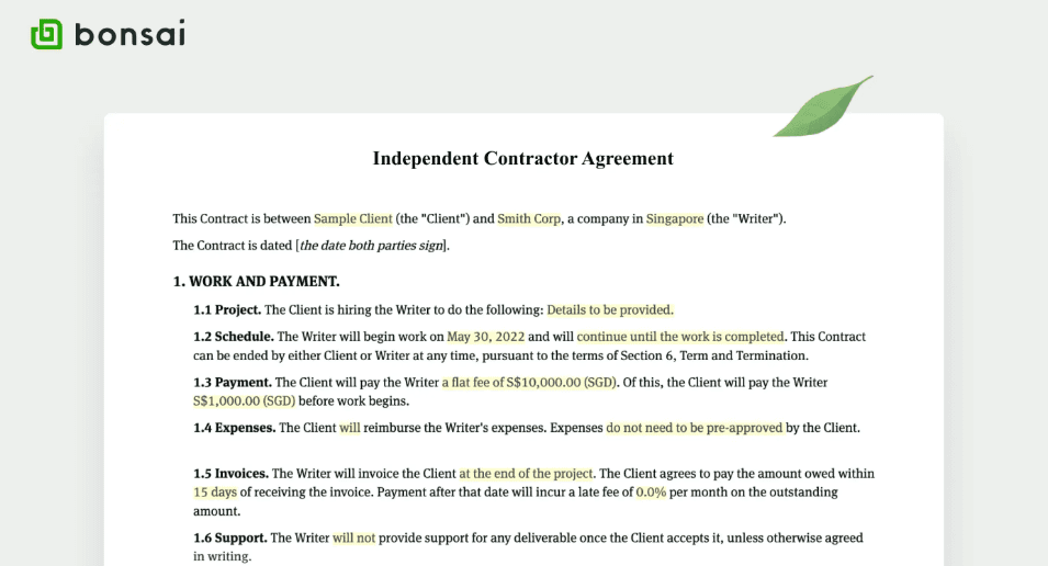 bonsai contract agreement format