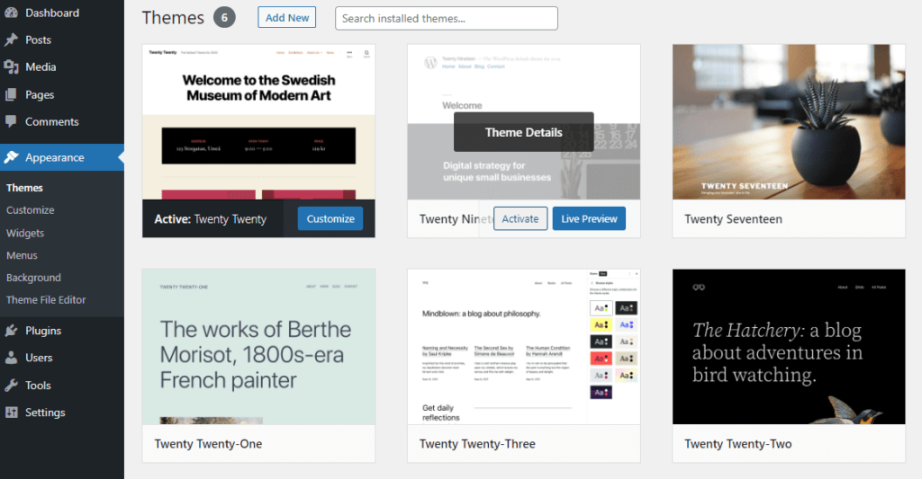 WordPress Themes dashboard