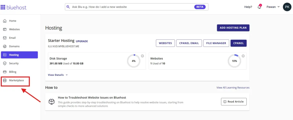 Marketplace tab under Bluehost Account Manager
