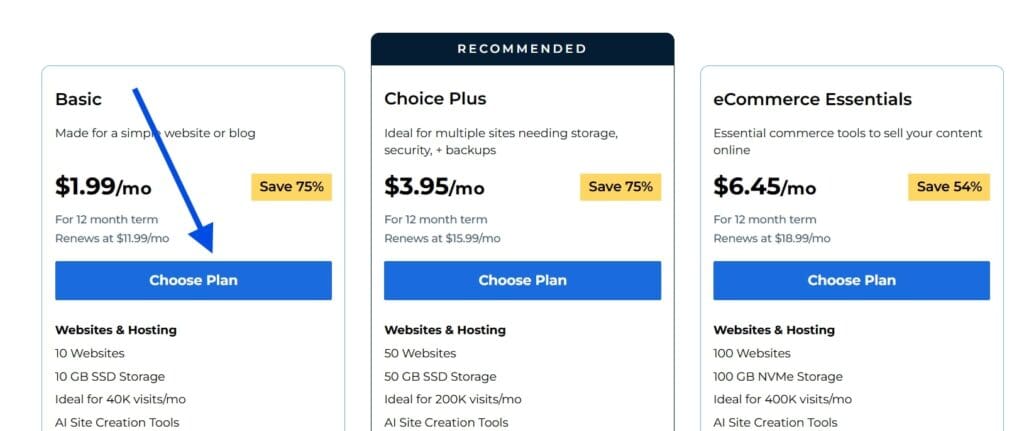 Selezione di un piano di hosting