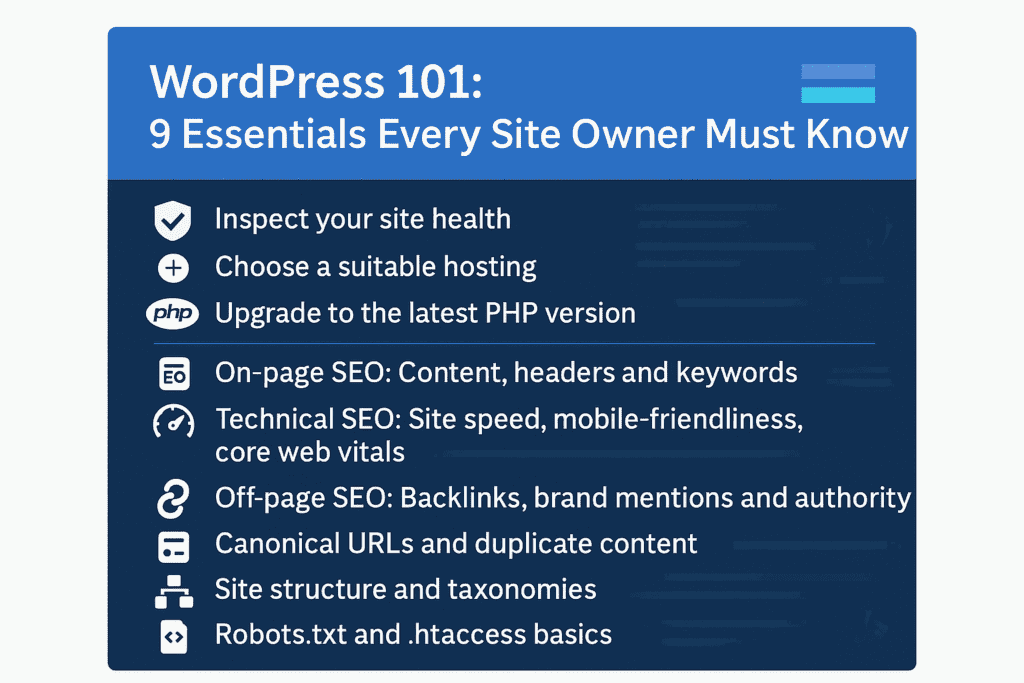 Infographic titled ‘WordPress 101: 9 essentials every site owner must know,’ listing site health checks, choosing hosting, upgrading PHP, on-page SEO, technical SEO, off-page SEO, canonical URLs and duplicate content, site structure and taxonomies, and robots.txt and .htaccess basics.