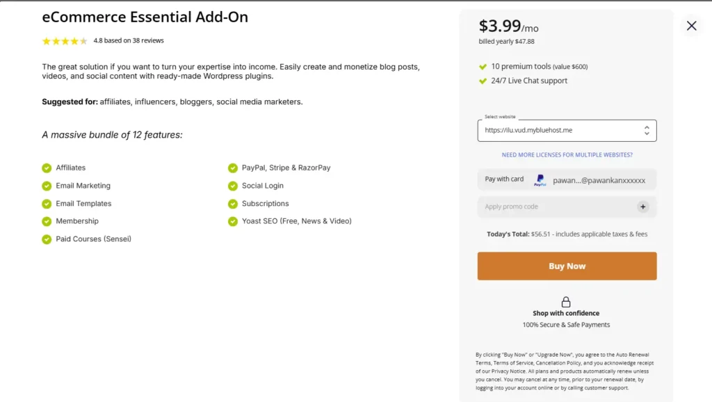 Buy page for eCommerce Essential plan