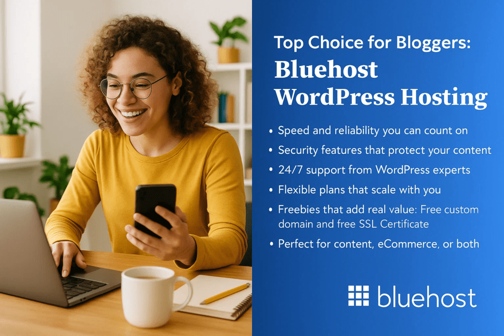 Bluehost wordpress hosting: Banner image illustrating why its a top choice for bloggers 