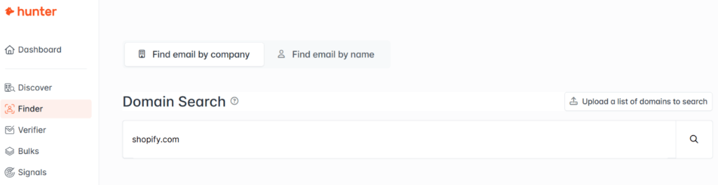 Enter domain name in lookup tool hunter.io