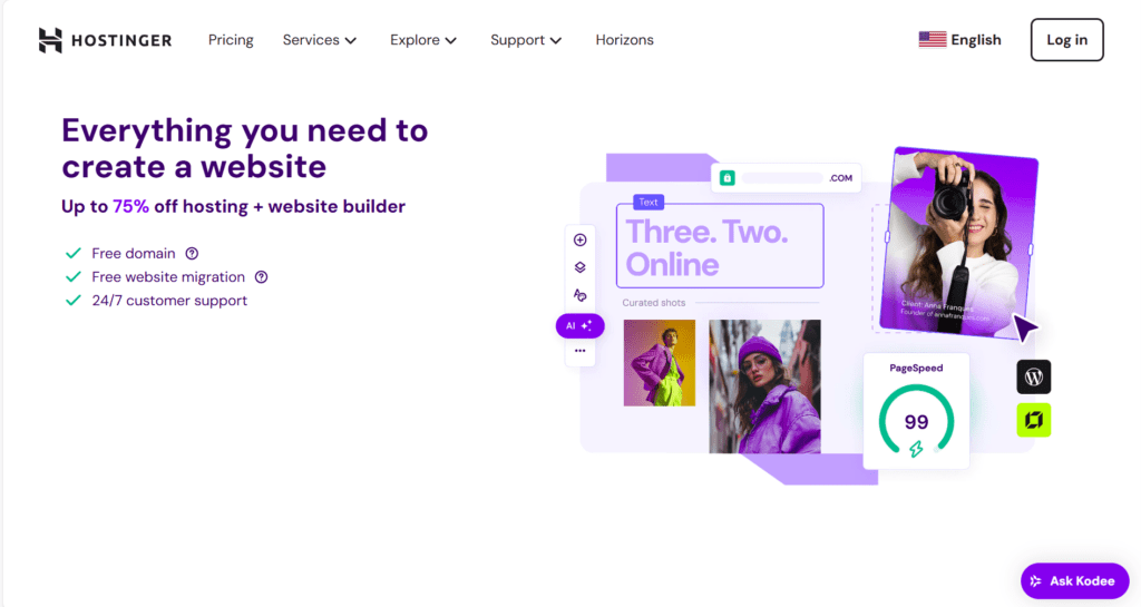 An image showcasing the homepage of Hostinger.