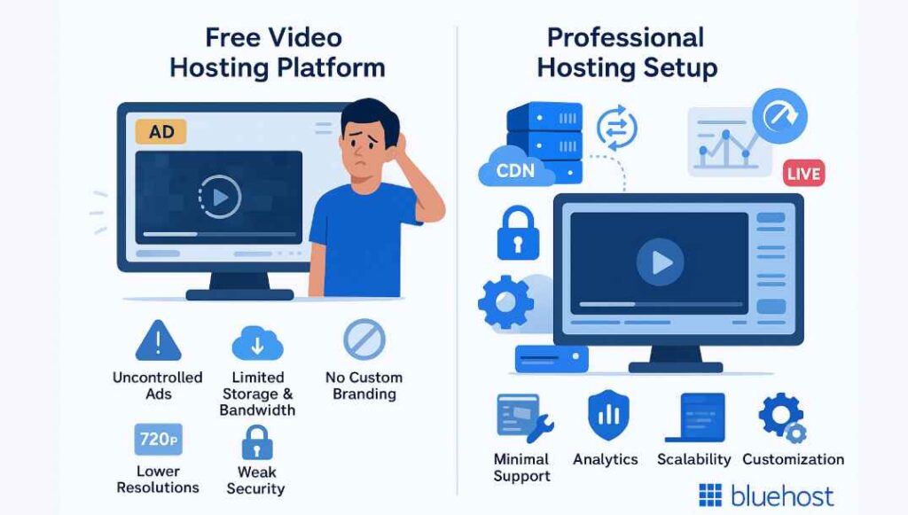 free video hosting platform vs professional video hosting setup
