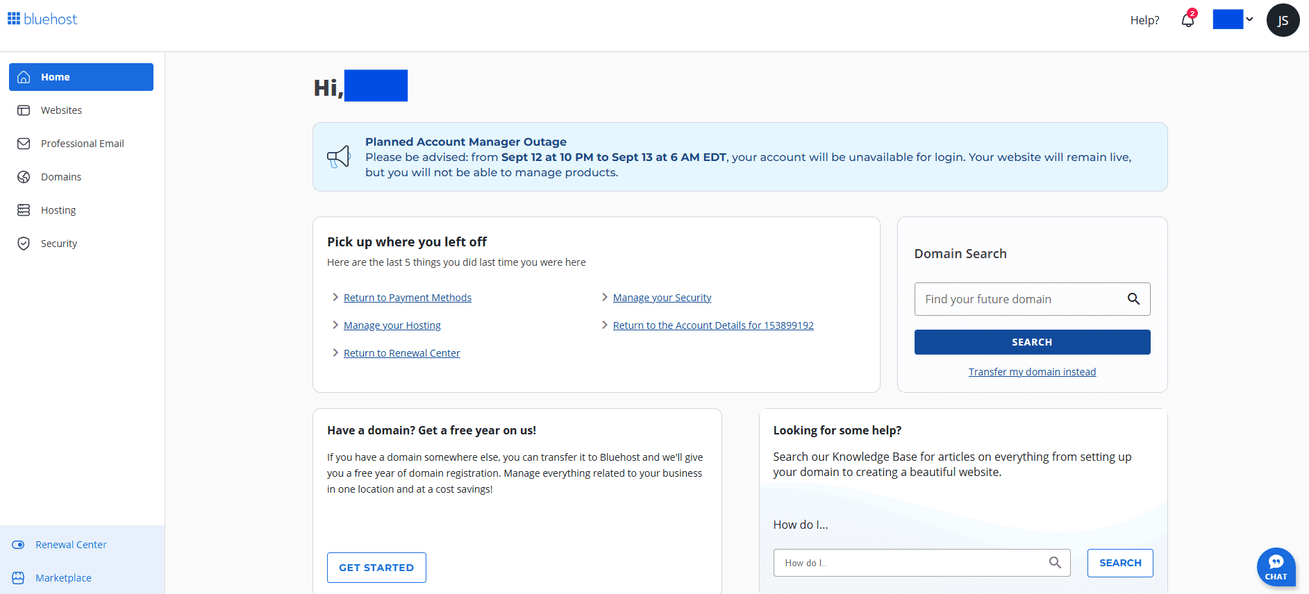 Bluehost Account manager.