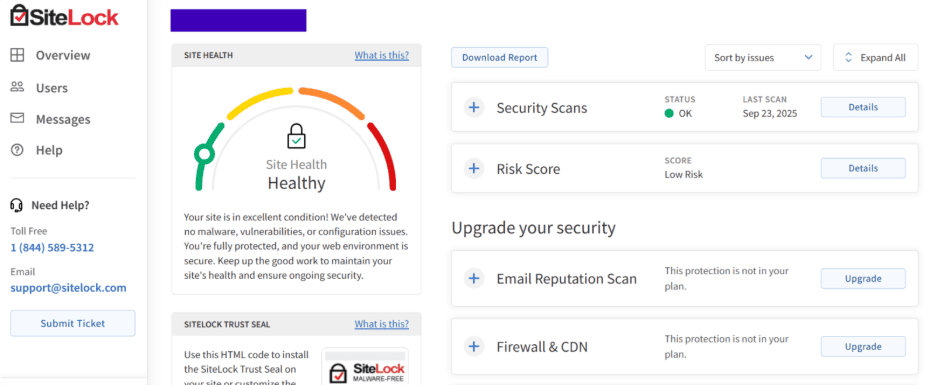 SiteLock dashboard with Bluehost