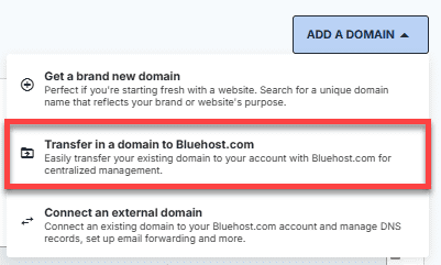 transfer in a domain to Bluehost.com