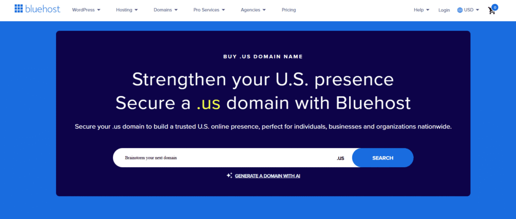 Buy .us domain with Bluehost