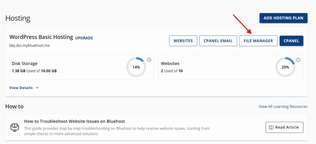 open file manager from Bluehost Account manager
