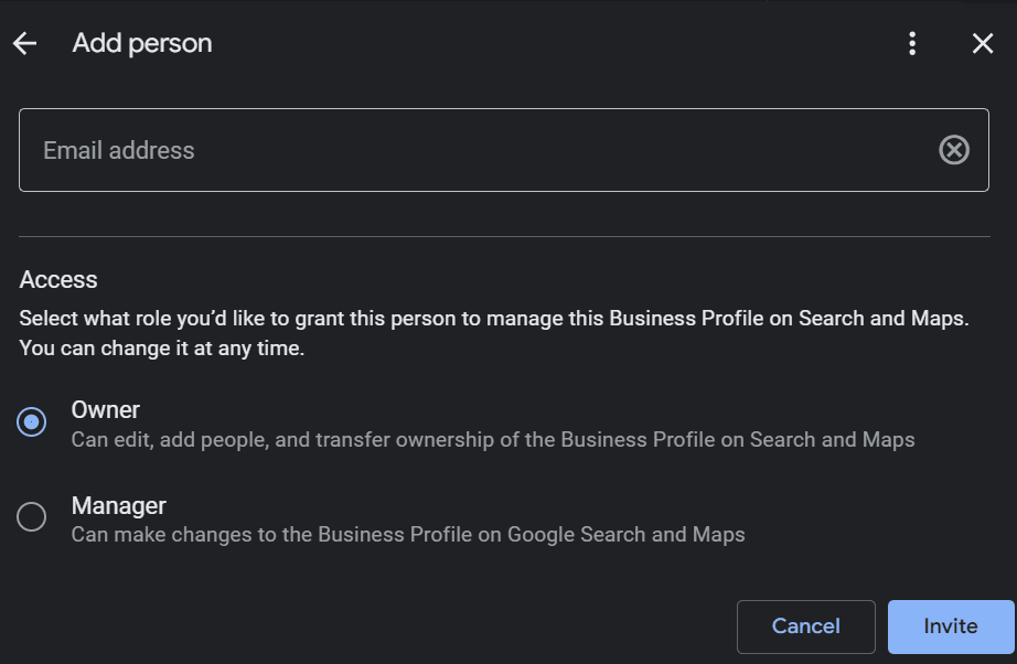 Google Business Profile add owner screen for how to claim a Google business listing that is already claimed