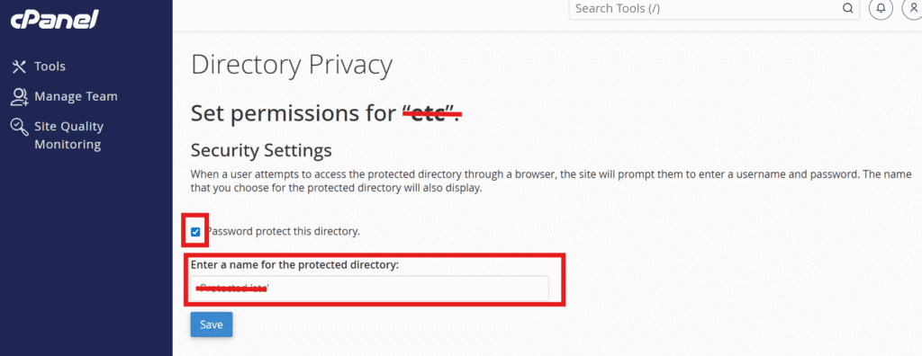 Check the box labeled Password protect this directory
