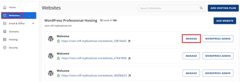 Choose the website you want to manage
