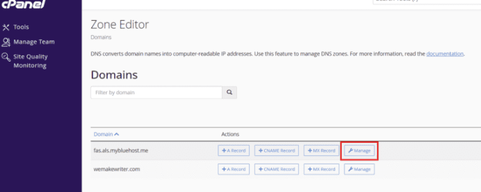 Choose the domain and click 'MANAGE'