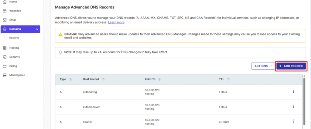 click the '+ ADD RECORD' button