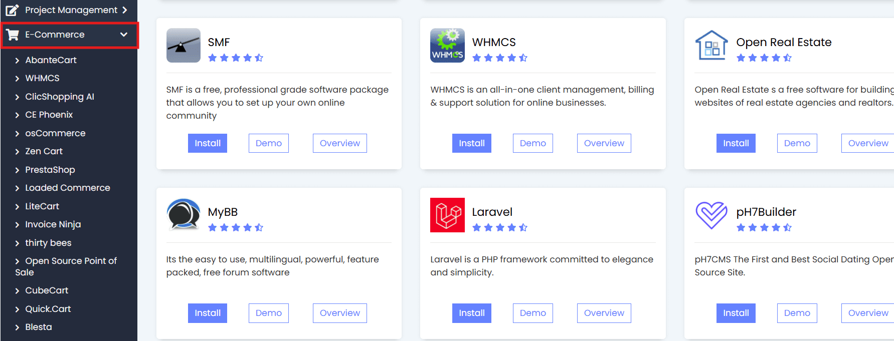 Click on ‘E-Commerce’ and select a shopping cart.