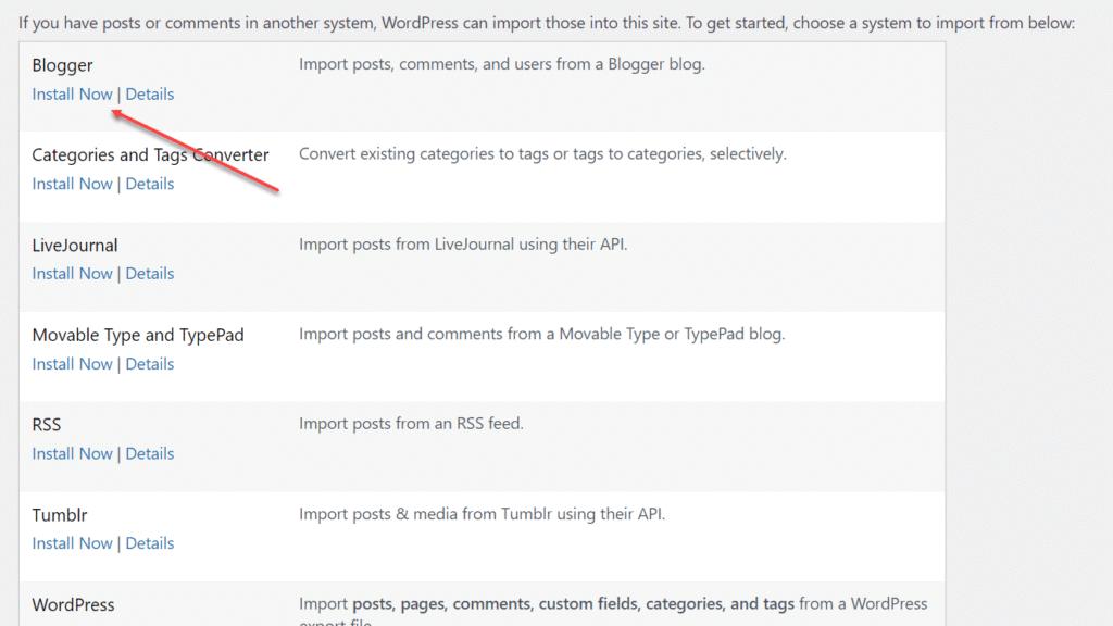 Click the Install Now link for Blogger