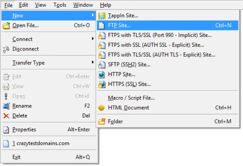 FTP site settings in CuteFTP