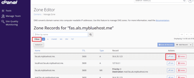 Filter to find the DNS record