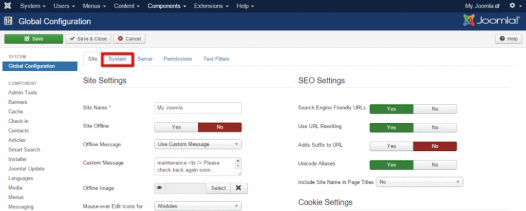 Go to 'System' > 'Global Configuration'