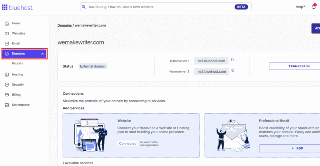 Log in to your Bluehost Account Manager and go to domains