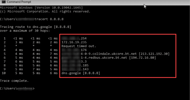 IP addresses or domains for each hop