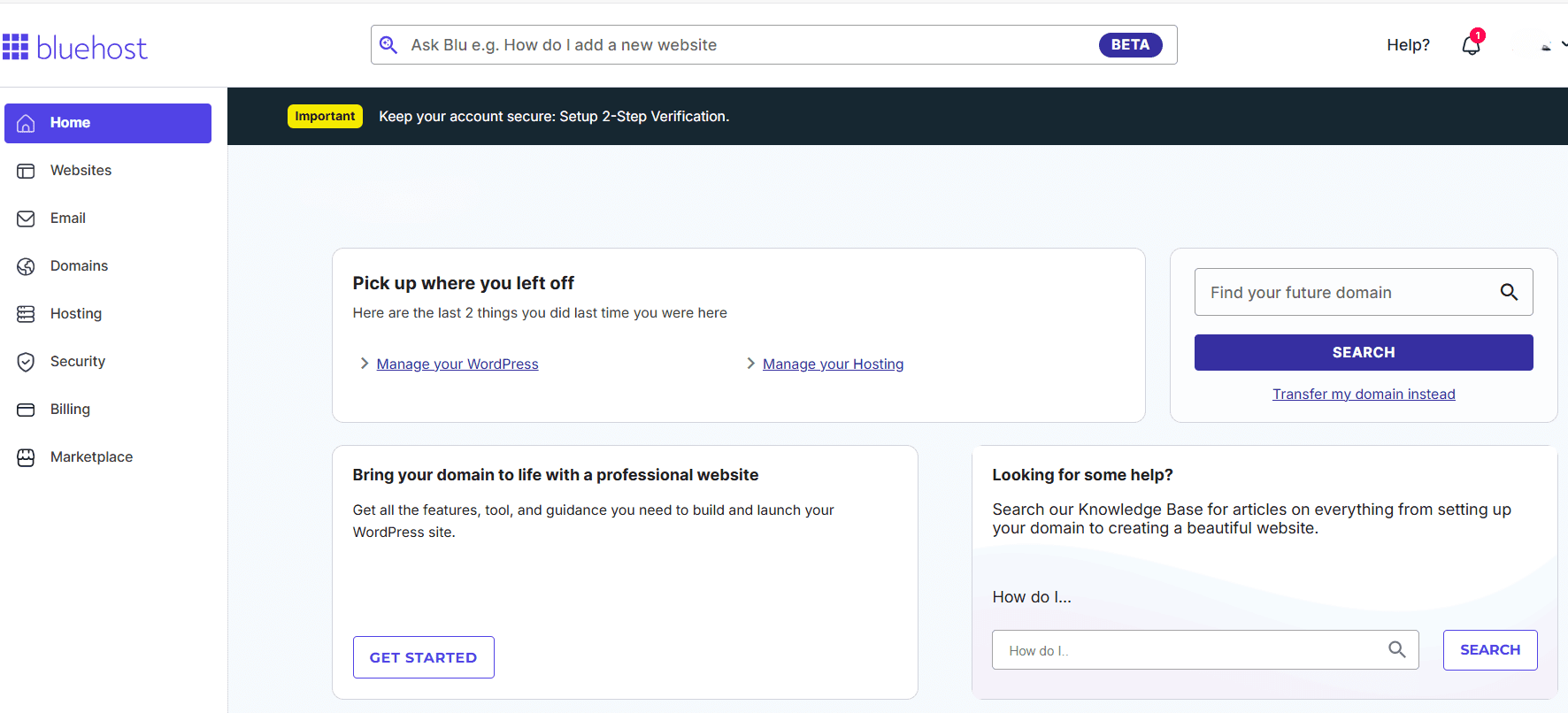 Log in to your Bluehost account