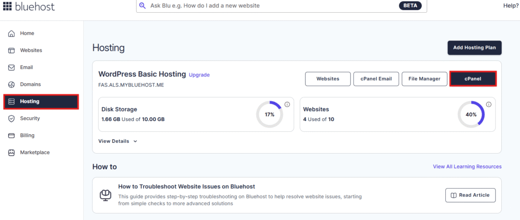 Log in to your hosting control panel and click on cPanel, Plesk or similar.
