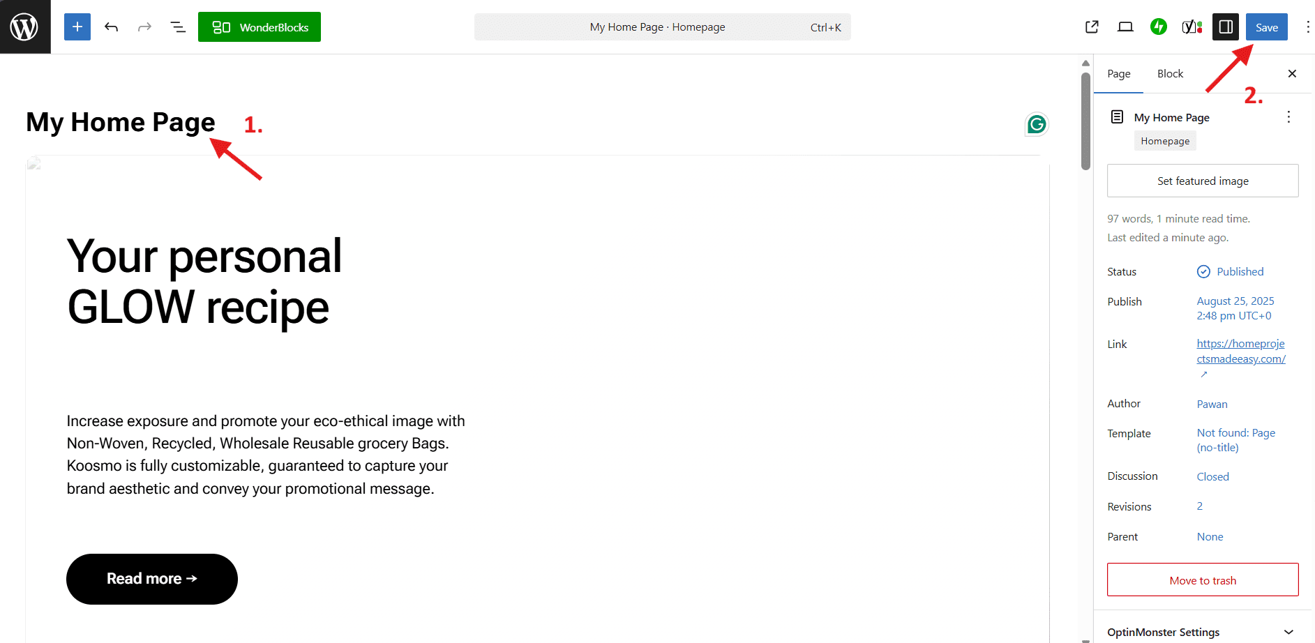 WordPress editor showing how to edit pages in WordPress with page title and save button highlighted