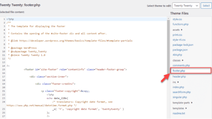 Open the footer.php file