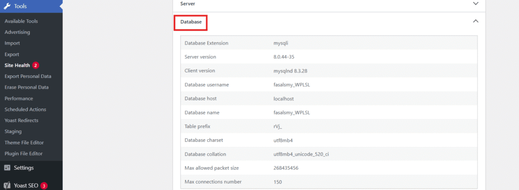 Scroll down to the 'Database' section.