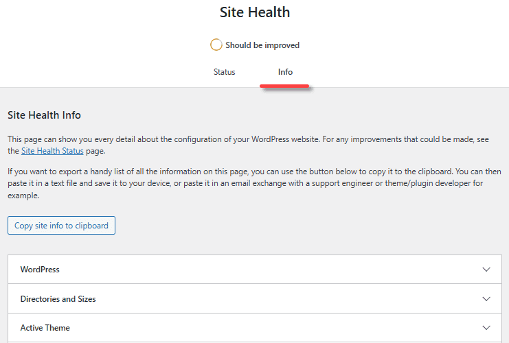 Site health info tab