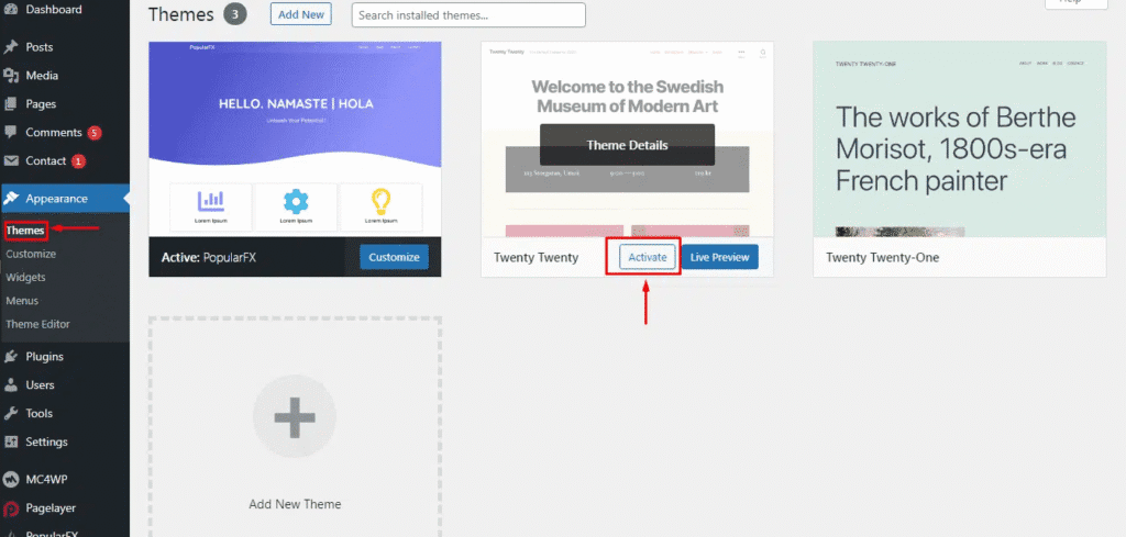 Switch to a default theme