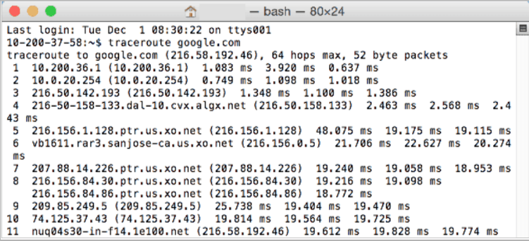 The traceroute appears in the Terminal window