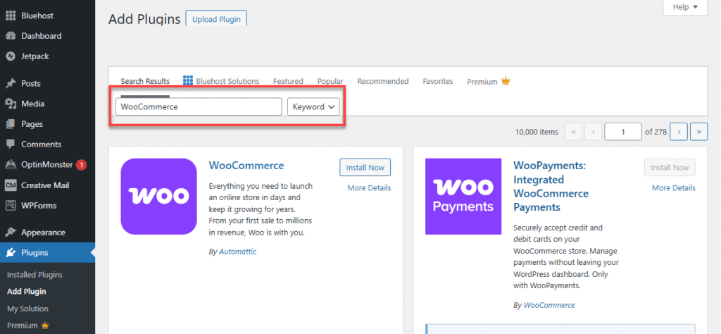 Use the search bar to find WooCommerce
