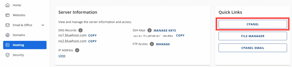Quick Links section in Bluehost CPanel