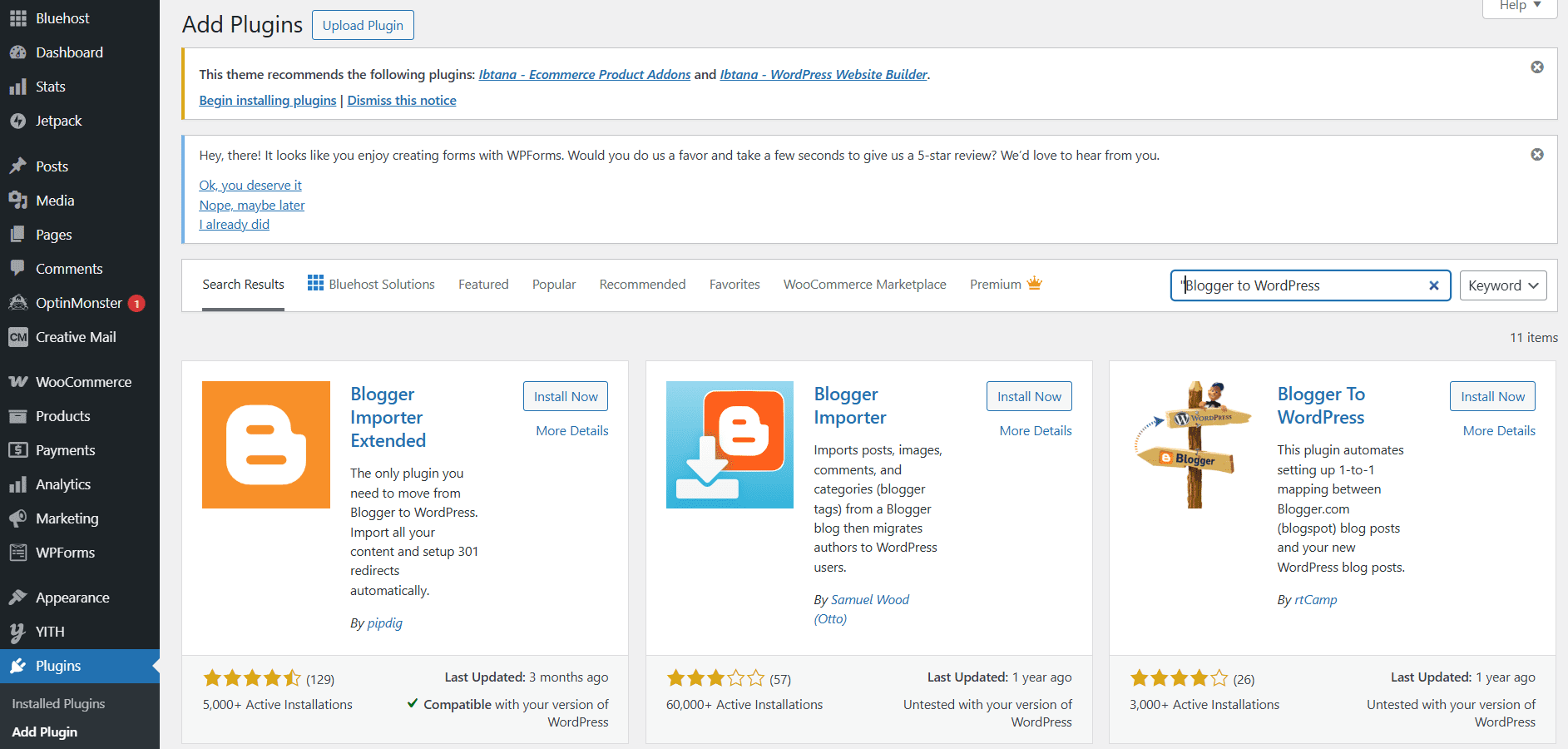 search for blogger to wordpress plugin on WP dashboard
