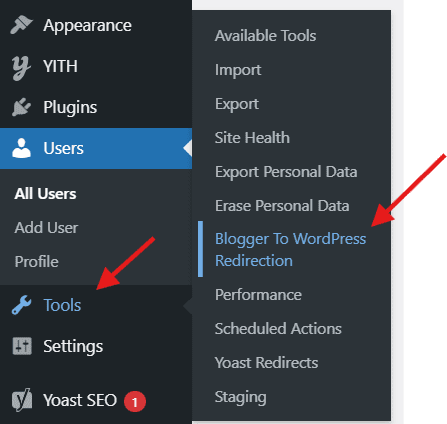 choose blogger to wordpress redirection option