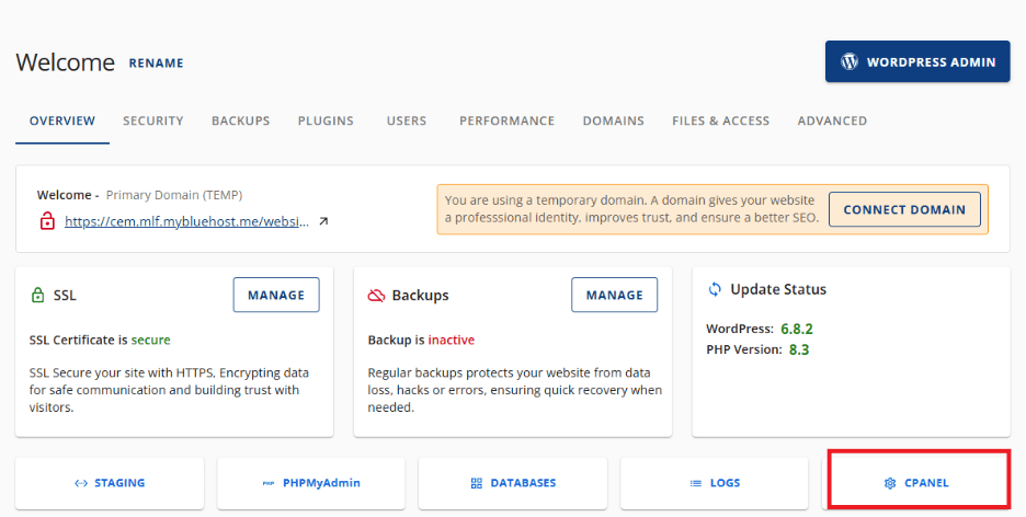Access cPanel via Bluehost dashboard