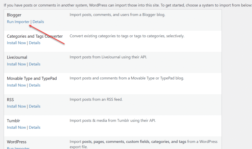 select run importer option