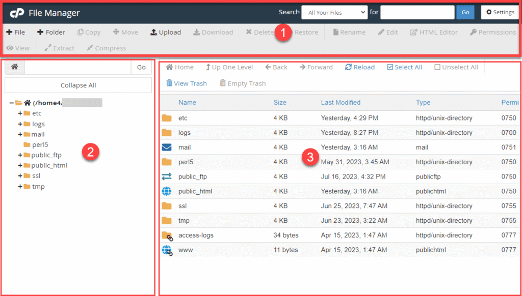 Cpanel different sections