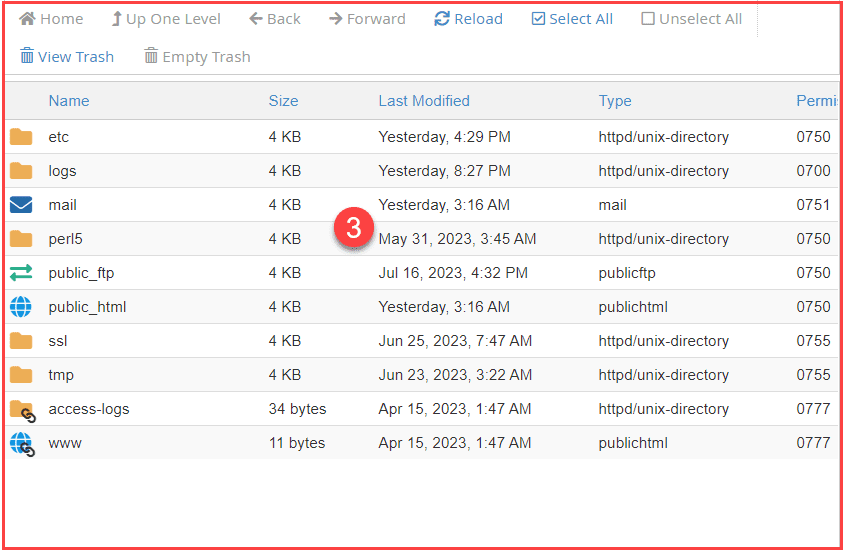 cPanel file listing