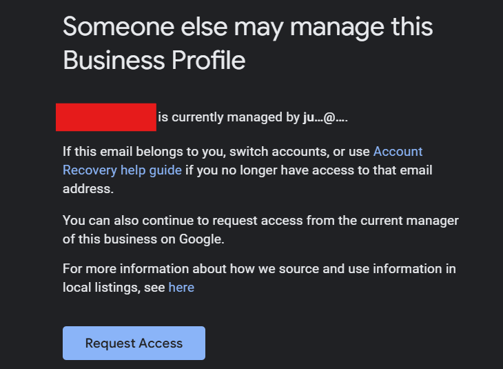 Google Business Profile access request screen for how to claim a Google business listing already claimed