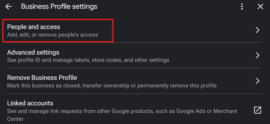 Business Profile settings showing how to claim a Google Business listing that is already claimed